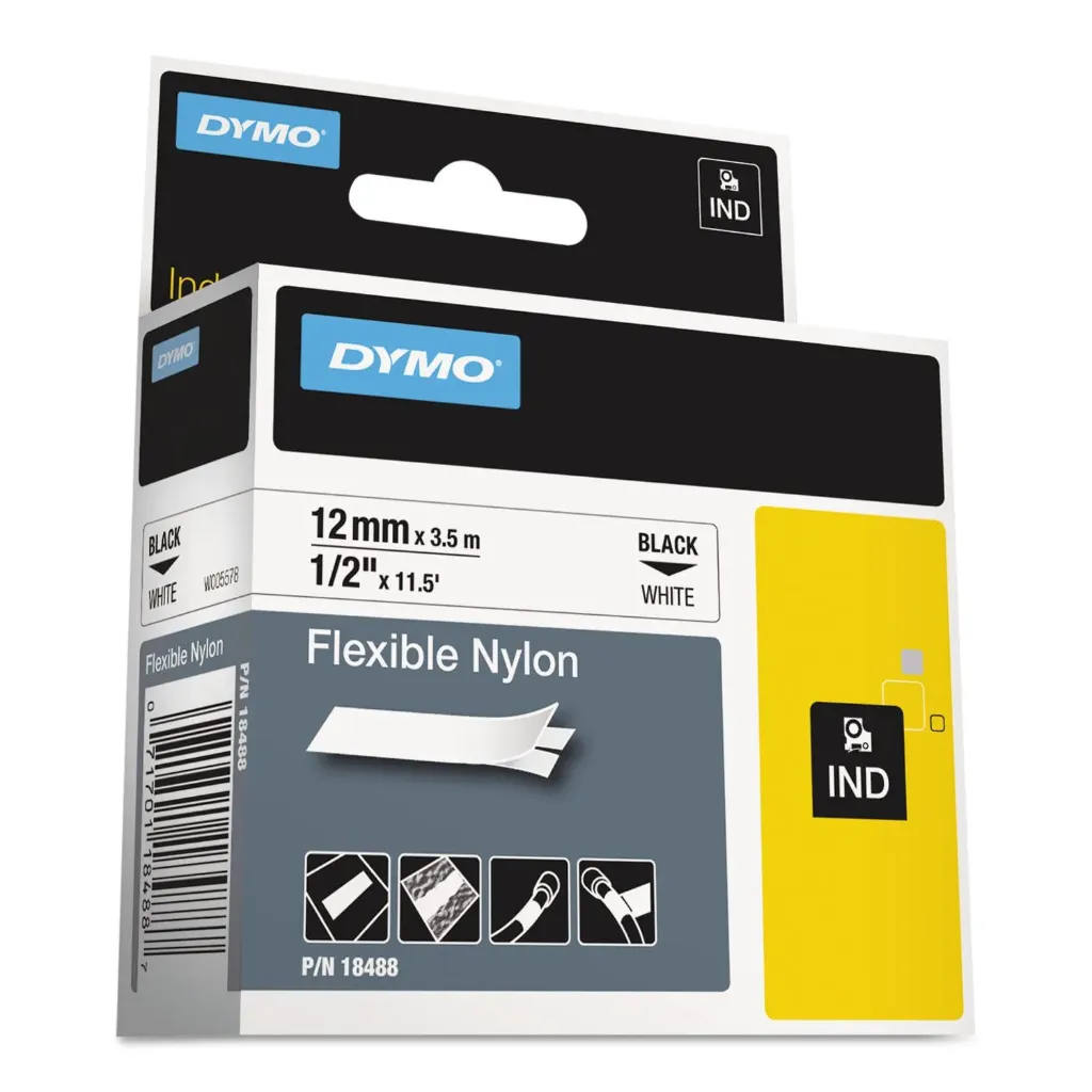 DYMO RHINO 18488 / S0718100 Flexible Nylon Label Tape, 12 mm × 3.5 m, Black on White (391910)