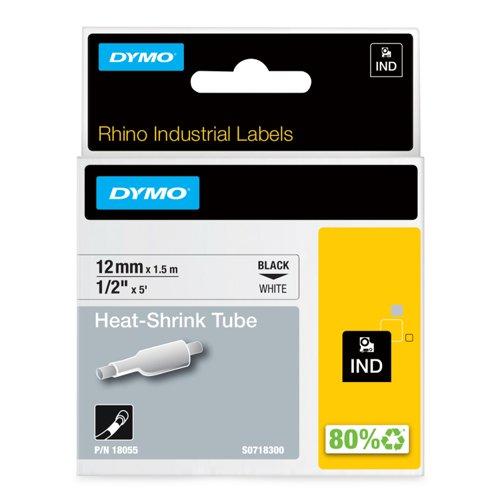 DYMO RHINO 18055 / S0718300 Heat-Shrink Tubing, 12 mm × 1.5 m, Black on White (391732)