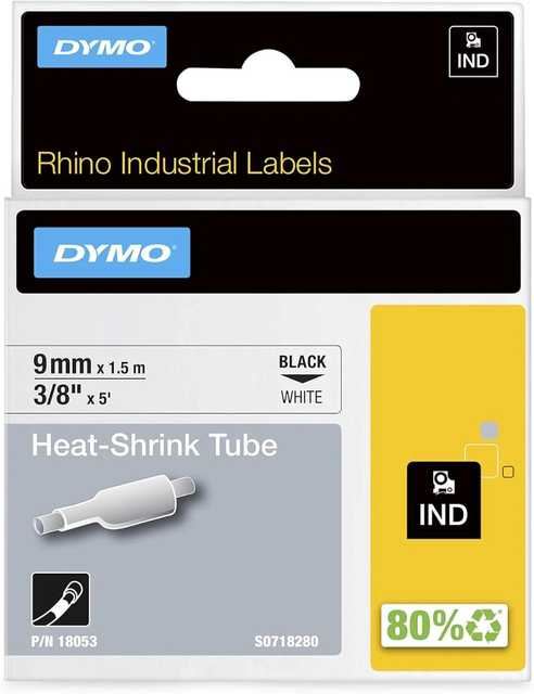 DYMO RHINO 18053 / S0718280 Heat-Shrink Tubing, 9 mm × 1.5 m, Black on White (391732)