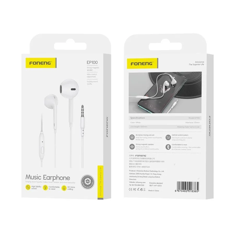 FONENG EP100 Wired In-Ear Earphones with Microphone, 3.5mm Jack, 1.2m Cable, White (6970462518488) (8518.30)